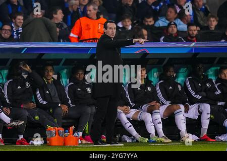 Brügge, Belgien. November 2024. BRÜGGE, BELGIEN - 6. NOVEMBER: Aston Villa FC-Cheftrainer Unai Emery gestubt beim Spiel der UEFA Champions League 2024/25 Phase MD4 zwischen Club Brugge KV und Aston Villa FC im Jan Breydelstadion am 6. November 2024 in Brügge. (Foto: Rene Nijhuis/MB Media) Credit: MB Media Solutions/Alamy Live News Stockfoto