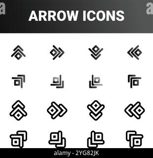 Zeigt verschiedene Pfeilsymbole in vier Zeilen und vier Spalten an. Jedes Symbol besteht aus einfachen geometrischen Formen wie Dreiecken, die zu Pfeilen angeordnet sind Stock Vektor