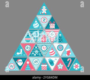 Handgezeichnete Vektorgrafik. Adventskalender mit Elementen der Winterferien in Blau, weiß und Rot Stock Vektor