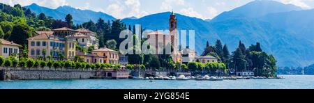 Malerischer und berühmter italienischer See Lago di Como. Die schönsten Orte. Dorf Tremezzina am See, Panoramablick. Italien Stockfoto