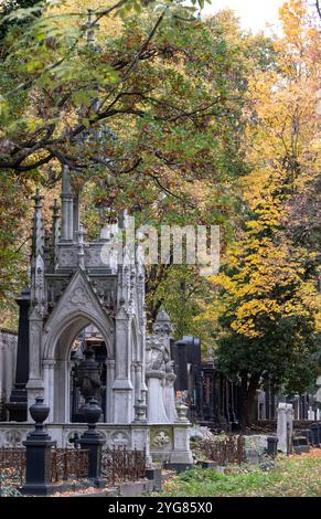 Vorkriegsgräber auf dem Neuen Jüdischen Friedhof im Prager Stadtteil Zizkow, Tschechische Republik. Fotografiert im Herbst mit gefallenen Blättern auf dem Boden. Stockfoto