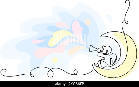 Weihnachtsdekoration. Kleiner süßer Engel mit Flöte auf dem Mond. Durchgehend eine Linie Stock Vektor