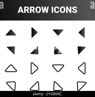 Zeigt verschiedene Pfeilsymbole in vier Zeilen und vier Spalten an. Jedes Symbol besteht aus einfachen geometrischen Formen wie Dreiecken, die zu Pfeilen angeordnet sind Stock Vektor