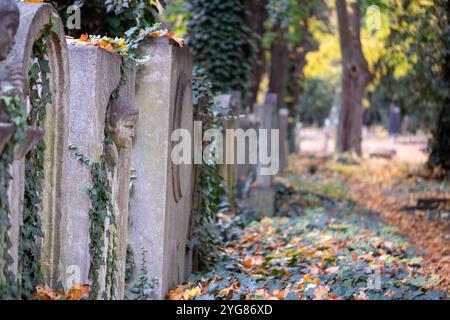 Vorkriegsgräber auf dem Neuen Jüdischen Friedhof im Prager Stadtteil Zizkow, Tschechische Republik. Fotografiert im Herbst mit gefallenen Blättern auf dem Boden. Stockfoto