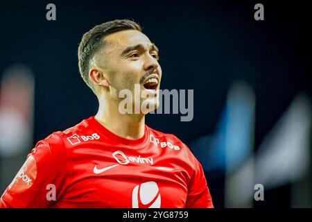 Skien, Norwegen, 3. November 2024. Branns Niklas Castro feiert ihr drittes Tor im Eliteserien-Spiel zwischen Odd und Brann in der Skagerak Arena. Stockfoto