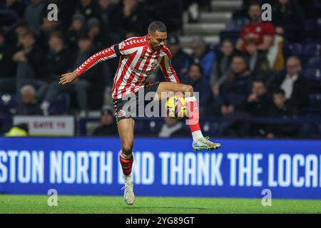 Preston, Großbritannien. November 2024. Wilson Isidor aus Sunderland kontrolliert den Ball während des Sky Bet Championship Matches Preston North End gegen Sunderland in Deepdale, Preston, Vereinigtes Königreich, 6. November 2024 (Foto: Alfie Cosgrove/News Images) in Preston, Vereinigtes Königreich am 11.06.2024. (Foto: Alfie Cosgrove/News Images/SIPA USA) Credit: SIPA USA/Alamy Live News Stockfoto