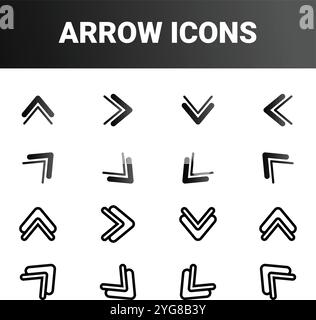 Zeigt verschiedene Pfeilsymbole in vier Zeilen und vier Spalten an. Jedes Symbol besteht aus einfachen geometrischen Formen wie Dreiecken, die zu Pfeilen angeordnet sind Stock Vektor