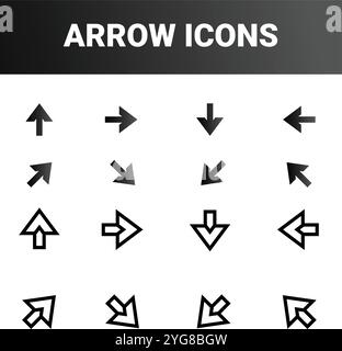 Zeigt verschiedene Pfeilsymbole in vier Zeilen und vier Spalten an. Jedes Symbol besteht aus einfachen geometrischen Formen wie Dreiecken, die zu Pfeilen angeordnet sind Stock Vektor