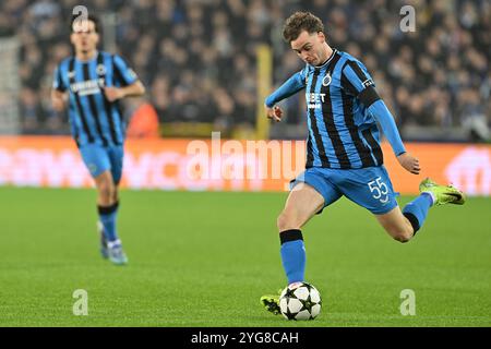 Brügge, Belgien. November 2024. Maxim de Cuyper (55) vom Club Brugge, fotografiert während eines Fußballspiels zwischen dem belgischen Club Brugge KV und dem englischen Aston Villa am 4. Tag der UEFA Champions League Phase der Saison 2024-25, am Mittwoch, den 6. November 2024 in Brügge, Belgien. Quelle: Sportpix/Alamy Live News Stockfoto