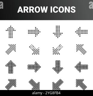 Zeigt verschiedene Pfeilsymbole in vier Zeilen und vier Spalten an. Jedes Symbol besteht aus einfachen geometrischen Formen wie Dreiecken, die zu Pfeilen angeordnet sind Stock Vektor