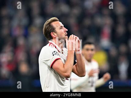 München, Deutschland. November 2024. Fußball: Champions League, Bayern München - Benfica Lissabon, Vorrunde, Spieltag 4, Allianz Arena, Münchner Harry Kane reagiert. Quelle: Sven Hoppe/dpa/Alamy Live News Stockfoto