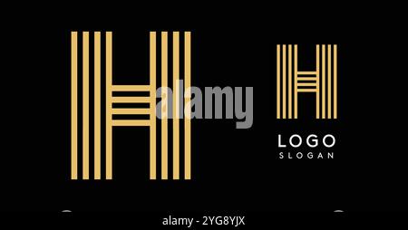 Geometrischer goldener Buchstabe H, vier parallele Linien bilden ein modernes und minimalistisches Logo-Design. Elegantes luxuriöses Logo für Premium-Branding und Stock Vektor