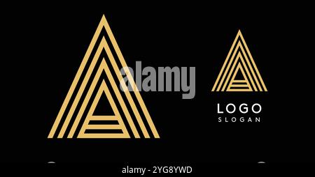 Minimalistisches goldenes Dreieck-Logo, konzentrische Linien, die ein geometrisches Muster erzeugen. Modernität, Eleganz, luxuriöses Emblem für High-End-Branding Stock Vektor