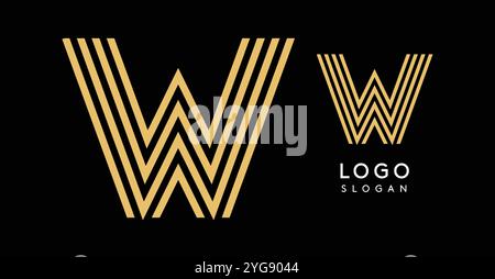 Geometrischer goldener Buchstabe W aus parallelen Linien, die ein auffälliges und modernes Design auf schwarzem Hintergrund bilden. Erinnert an Luxus, Eleganz und Raffinesse Stock Vektor