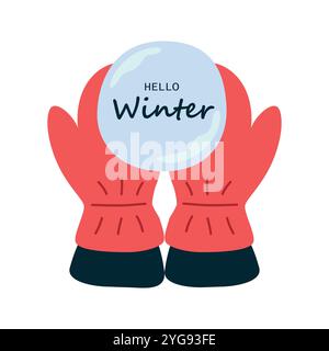 Hände in roten Fäustlingen halten Schneeball. Hallo Winter. Vektor, weißer Hintergrund Stock Vektor