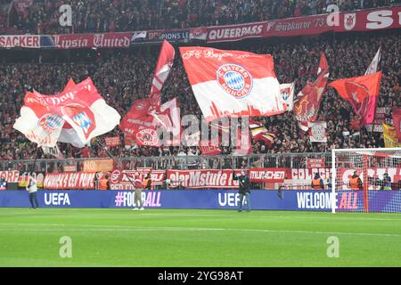 München, Deutschland. November 2024. MÜNCHEN, DEUTSCHLAND - 6. NOVEMBER: Fans des FC Bayern München beim Spiel der UEFA Champions League 2024/25 Phase MD4 zwischen dem FC Bayern München und SL Benfica in der Football Arena München am 6. November 2024 in München.241106 SEPA 24 109 - 20241106 PD15279 Credit: APA-PictureDesk/Alamy Live News Stockfoto