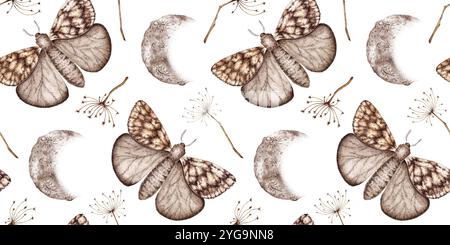 Schmetterlings-, Mond- und Grasmuster in Braun- und Beigetönen Aquarellabbildungen. Kosmischer Körper isoliert vom Hintergrund. Astrologie der Mondphasen. De Stockfoto