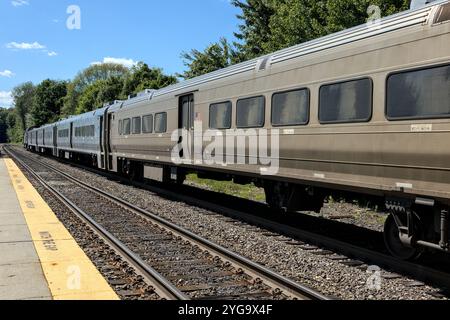 Detail des Zuges, der auf dem Gleis in otisville New york (Transit Rail Jersey) ankommt, Passagierpendeleisenbahn nordostamerika vereinigte staaten Hochgeschwindigkeitszug Stockfoto