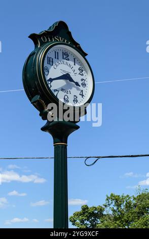 Otisville, New York – 15. Juni 2024: Centennial Clock an der Kreuzung zweier Straßen in Otisville, New York, Orange County, Hudson Valley. Stockfoto