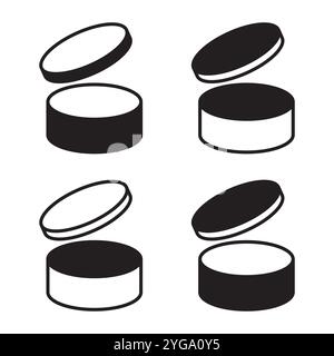 Symbol für Kosmetikglas. Container Set Vektor. Schwarzes Produktsymbol. Offene und geschlossene Behälter. Stock Vektor
