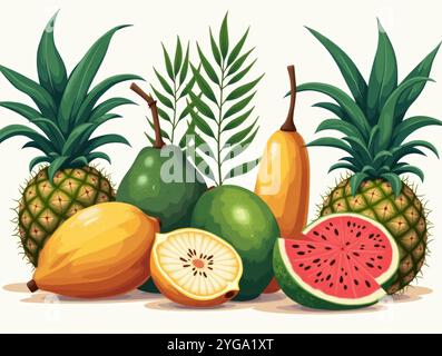 Flat Cartoon Stillleben farbenfrohe Ananas, Bananen und Zitrusfrüchte mit dekorativem Muster. Diese lebendige, flache Zeichentrickfigur Stockfoto