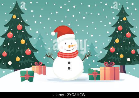 Schneemann im Schneefeld mit Geschenkboxen und weihnachtsbaum. Zeichentrickfigur. Vektorabbildung Stock Vektor