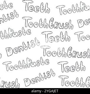 Diese ansprechende Illustration zeigt wichtige Vokabeln der Zahnpflege, ideal für Kinder Lernressourcen. Handgezeichnete Vektor-Schwarzweiß-Grafiken in Strichgrafik zum Drucken auf Papier und Stoff. Stock Vektor