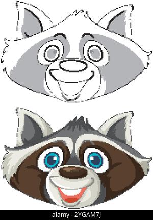 Zwei Waschbärgesichter, eine farbige, eine umrissene Stock Vektor