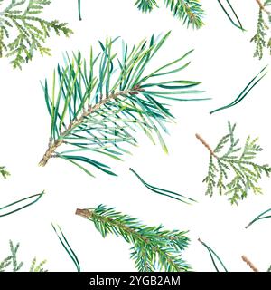Nahtloses Muster mit Kiefer- und Tannenzweig, Zedernzweig, Nadeln. Handgezeichnete Aquarellillustration eines immergrünen Baumes. Hintergrund mit Nadelzweigen Stockfoto