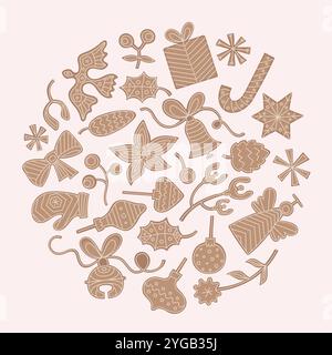Lebkuchenkekse zu Weihnachten. Winterliche süße hausgemachte Weihnachtsbonbons mit Glocke, Ball, Spielzeug, Engel, Winterpflanze. Stock Vektor