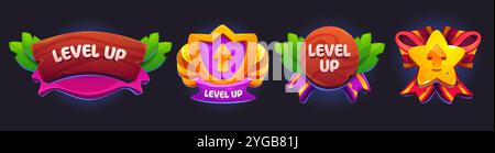 Leuchtende ui-Abzeichen mit Level-Up-Text auf bunten Bändern. Cartoon Vektor Holzbanner, Schild Emblem, kreisförmiges Abzeichen und Sternform für den Gewinner. Lebendiges Designelement für mobile Gaming-Oberfläche. Stock Vektor