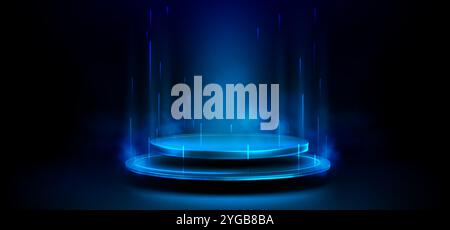 Runde Plattform mit Neonlicht auf schwarzem Hintergrund. Futuristischer Ausstellungsraum mit vertikalen Balken ragen von der glänzenden Bühne und nebeliger Raucheffekt auf. Rundes Hightech-Podium oder Sci-fi-Teleportation-Pad. Stock Vektor
