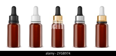 Braune Tropfflasche mit Pipettenmockup für Serum oder Öl. 3D-Pipette schwarz-weiß. Klare realistische medizinische Glasflasche mit Essence oder Lotion Glas Produktvorlage Design Stock Vektor
