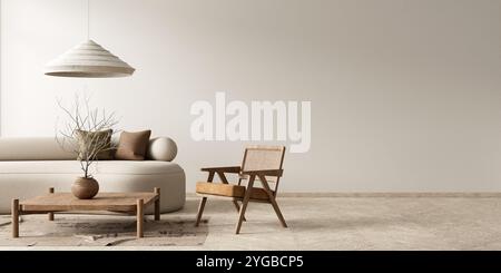 Minimalistisches Wohnzimmer mit Holzmöbeln. Stilvolles Wohnzimmerdesign. Leeres Wandmodell. 3D-Abbildung Stockfoto