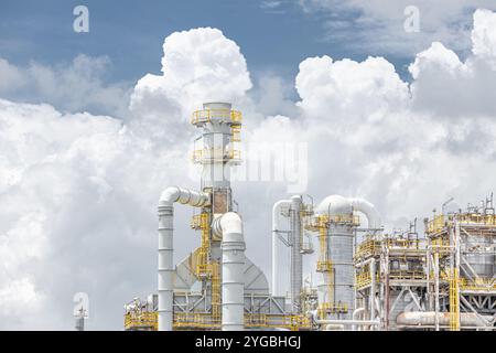 Ölraffinerie-Anlage Gebäude Destillationssäulen Turm, Nahaufnahme Teil des Brennstoff-Gas-Rohrleitungskomplexes, Rohöl petrochemische Industriebau. Stockfoto