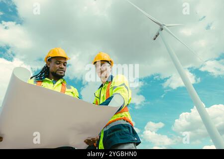 Das Team der Techniker mischt männliche Arbeiter, die bei Wind Turbines arbeiten, auf dem Feld des Windenergieerzeugers im Keller. Stockfoto