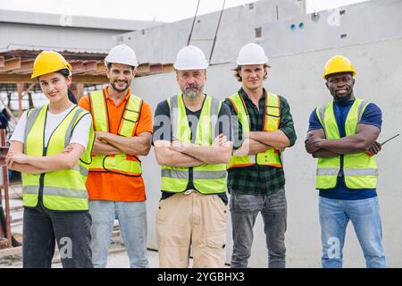 Gruppe von Arbeitnehmern Teamarbeit im Baugewerbe. Verschiedene Arbeiter, die den Arm überkreuzt haben. Glückliches Team von Industrieingenieuren Stockfoto