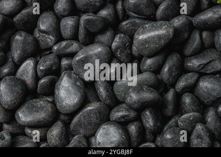 Schwarze runde gekrümmte Flussfelsen Kieselstein für Naturmuster Textur Hintergrund. Stockfoto