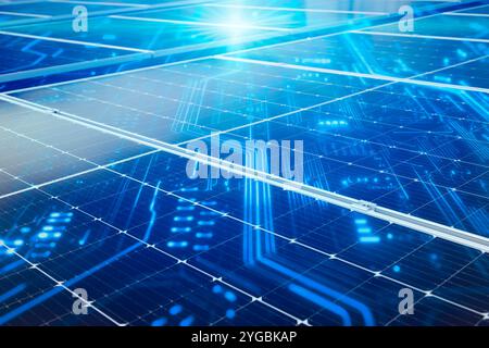 Intelligente Solarzelle oder digitales Sonnenkollektorsystem, moderne Technologie für die Energiewende, alternative Energiequelle, Photovoltaik-Modul. Stockfoto