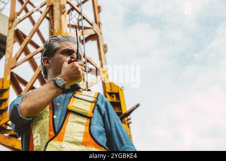 Italienischer Arbeiter Ingenieur Baustellenkontrolle Funkbetrieb. Foreman bedient den Kranturm mit dem Walkie-Talkie in Betrieb. Stockfoto