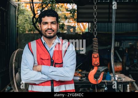 Intelligenter, glücklicher, selbstbewusster indischer Bauarbeiter, der in der Maschinenwerkstatt mit einem Lächeln am Arm steht. Stockfoto