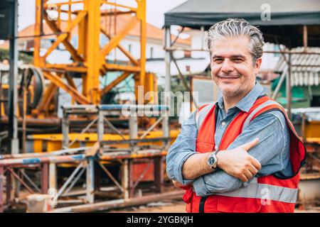 Intelligenter glücklicher, selbstbewusster professioneller Bauingenieur männlicher Bauarbeiter, der auf der Baustelle des Kranturms einen Lächelarm überkreuzt hat. Stockfoto