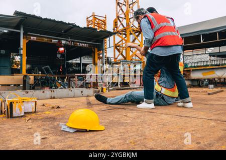 Unfall-Arbeiter-Verletzung, Mann unten auf der Baustelle, Bauarbeiter brauchen medizinischen Notfall. Stockfoto