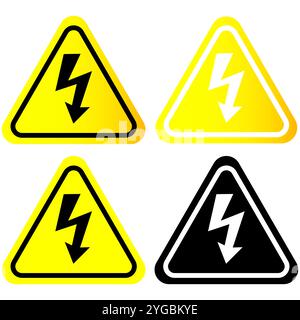 Gelbe Hochspannungsdreieckschilder mit Blitz in 4 Designs, Farbe und Schwarzweiß isoliert auf weißem Hintergrund Stock Vektor