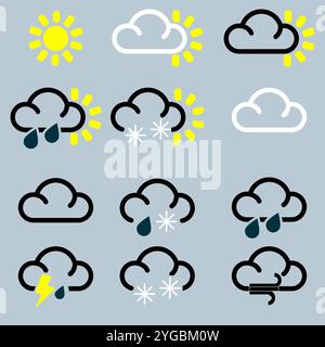 Set von Wettersymbolen, die Regen, Sonne, Wolken, Schneeregen, Blitzschlag usw. für die Wettervorhersage anzeigen Stock Vektor