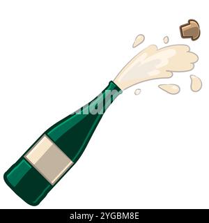 Champagnerflaschen mit dem Kork, der in einem Zeichentrickstil auf weißem Hintergrund platzt Stock Vektor