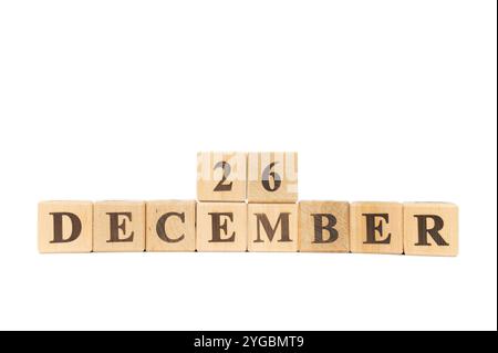 Holzkalender, Datumssatz des Monats 26. Dezember, auf weißem und transparentem Hintergrund. National Candy Cane Tag 20 Stockfoto