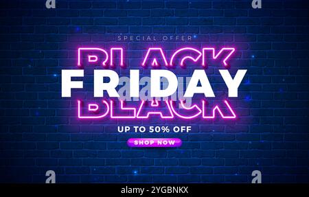 Black Friday Sale Banner mit leuchtendem Neonlicht Typografie-Schriftzug auf Ziegelmauerhintergrund. Vector Shopping Weihnachtssaison Design für Promotion Stock Vektor