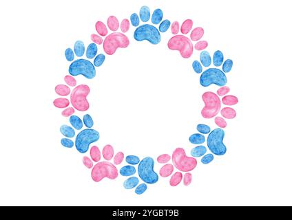 Runder Rahmen aus Tierpfoten-Prints. Rosa und Blau. Aquarell. Verschiedene Farbschattierungen. Weißer Kopierbereich und Hintergrund. Rahmen isoliert auf BA Stockfoto