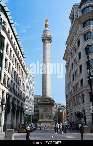 Der Christopher Wren entwarf die Dorische Säule aus Portland-Stein (The Monument), um an das große Feuer von London zu erinnern, die Fish Hill Street. England Stockfoto